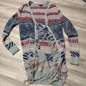 American Eagle Size Small Gray Blue Cotton Long Aztec Print Boho Fringe Cardigan